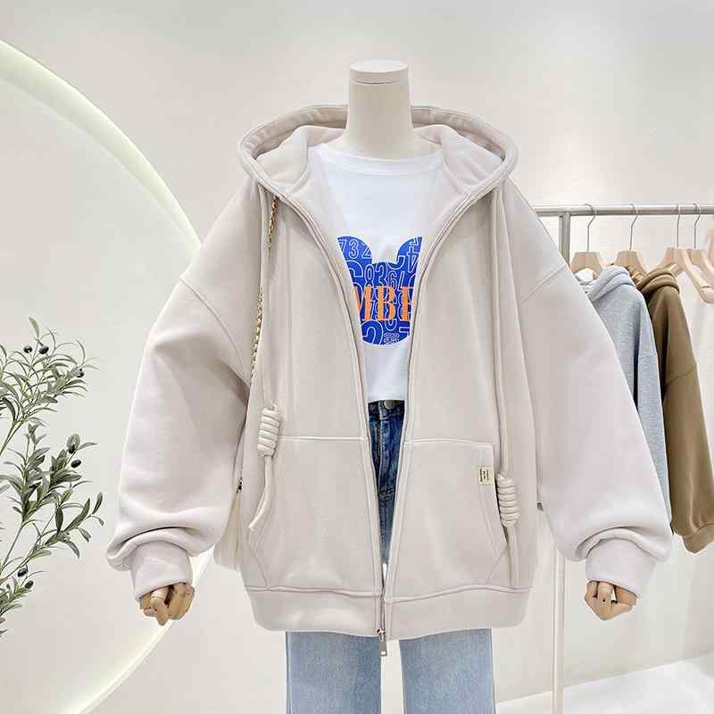 パーカー レディース 秋冬 韓国風 リラックス ゆったり 厚手 ジップアップ カーディガン トップス 普段使い 部屋着 浅灰色