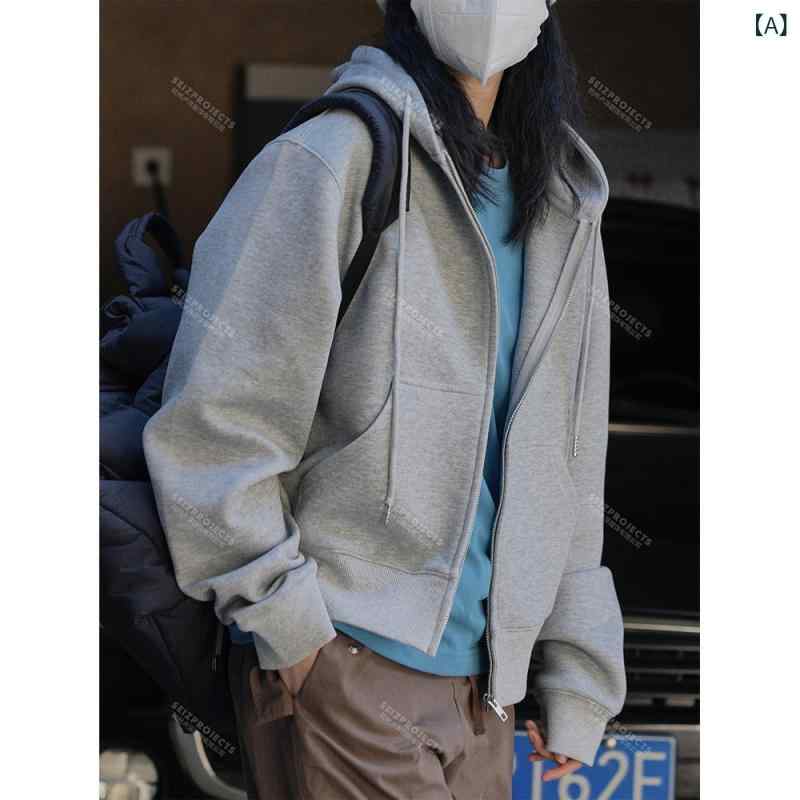パーカー レディース 韓国風 無地 フード付き 長袖 ジップアップ トップス 婦人服 アウター カジュアル ゆったり リラックス 春秋冬 灰色 緑
