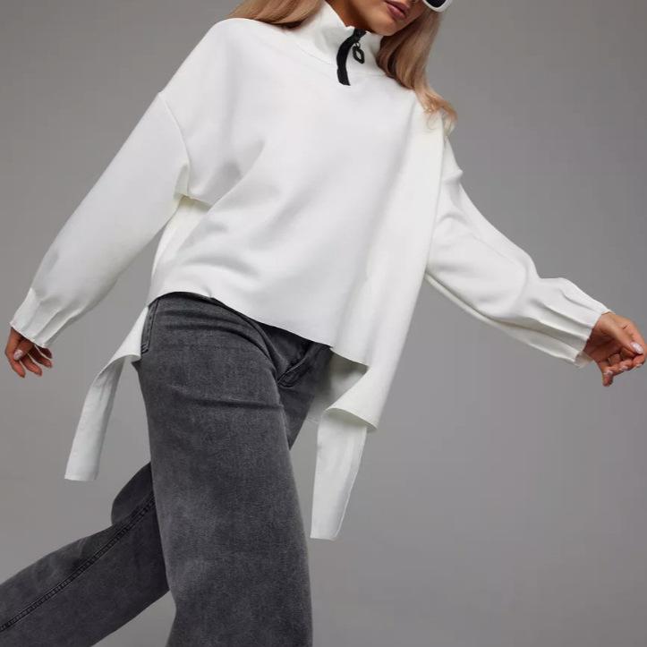 パーカー レディース 秋冬 無地 ジップアップ チュニック丈 ポリエステル 翻 Collar 長袖 欧美風 ストリート カジュアル スポーティー 白 黒 大きめサイズ ゆったり 体型カバー