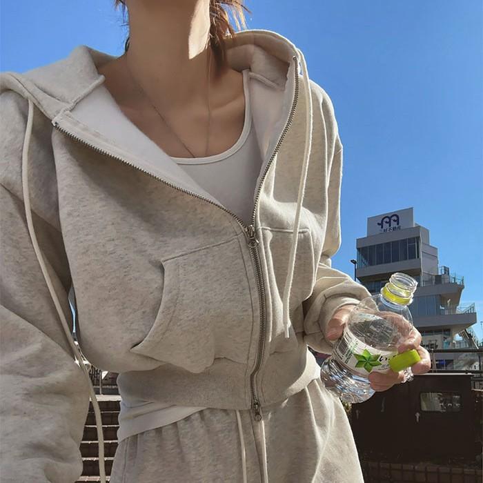 パーカー レディース 韓国風 スウェット カーディガン ライトグレー コットン混紡 長袖 ショート丈 フード付き