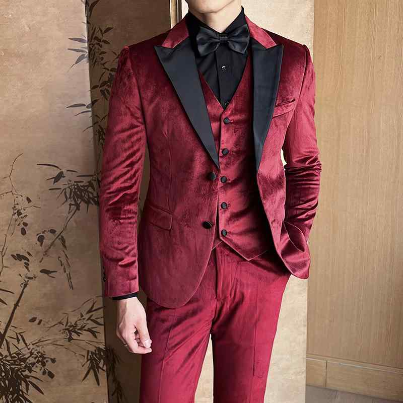 スーツ メンズ 男性用 3点セット（ジャケット ベスト パンツ）秋冬 スリムフィット 礼服 フォーマル ワインレッド｜Tanzan