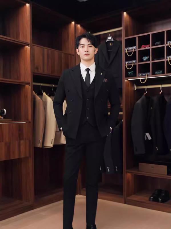 スーツ メンズ 男性用 結婚式 フォーマル ストライプ ダブルブレスト スリムフィット ビジネス カジュアル 秋冬 ブラック カーキ色 ダークグレー｜Tanzan