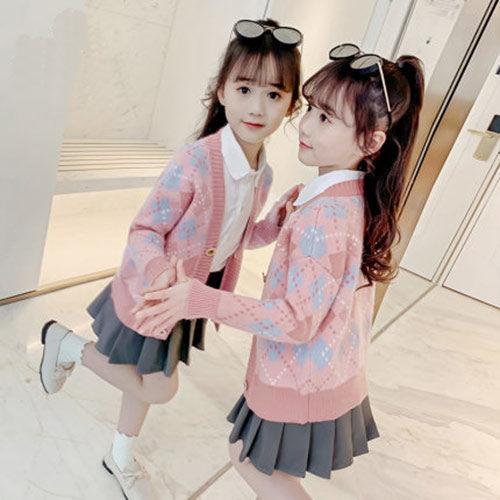 ニット カーディガン ガールズ 子供服 春秋 女の子 かわいい おしゃれ ニット トップス アウター 菱形 ピンク系 100cm 110cm 120cm 130cm 140cm 150cm 160cm
