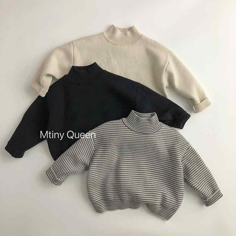 子供用ニット キッズ用セーター 秋冬 韓国風 子供服 ハイネック 厚手 コットン ボーダー柄 トップス カットソー グレー系 アイボリー ブラック