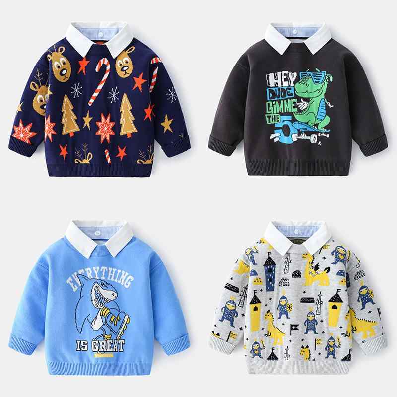 子供服 セーター 男の子 ニット トップス 長袖 コットン 襟付き カットソー 重ね着風 カジュアル 春秋 90 100 110 120 130cm
