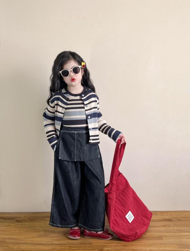 ニット キッズ 春秋 アンサンブル 女の子 カーディガン ＋ デニム ワイドパンツ 2点セット 子供服 上下セット 90 100 110 120 130 140cm