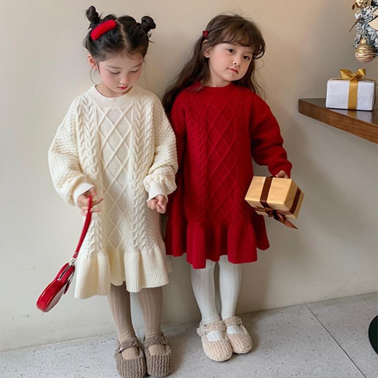 ワンピース キッズ 女の子 ニット 秋冬 厚手 フリル プリンセス 赤 米白