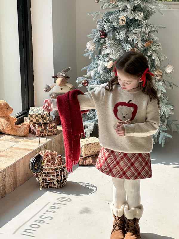 ニット キッズ 女の子 立体 蝶結び 小熊 セーター ウール混紡 再生繊維 90cm 100cm 110cm 120cm 130cm 140cm 150cm 160cm