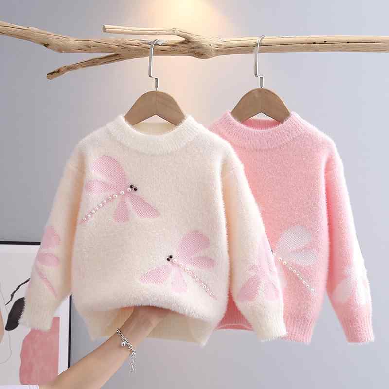 ニット・セーター ガールズ 子供服 秋冬 トップス プリンセス風 水貂? ラウンドネック チュニック 長袖 厚手 かわいい 女の子 普段着 ホワイト ピンク系
