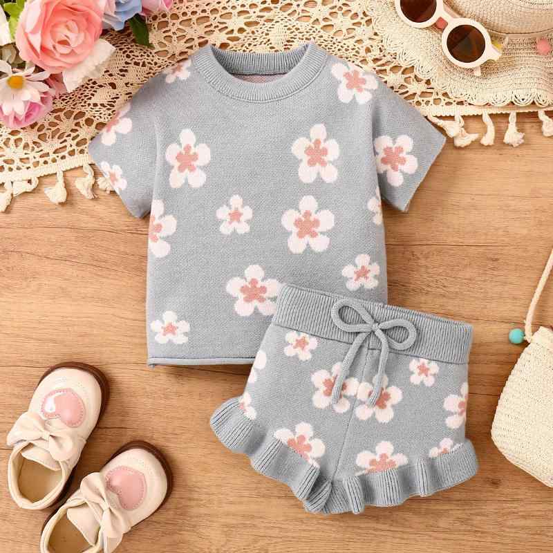 ベビー服 セットアップ 春物 花柄 刺繍 半袖 ニット 短パン 上下セット 柔らかい パステルカラー かわいい 赤ちゃん 女の子 普段着 部屋着