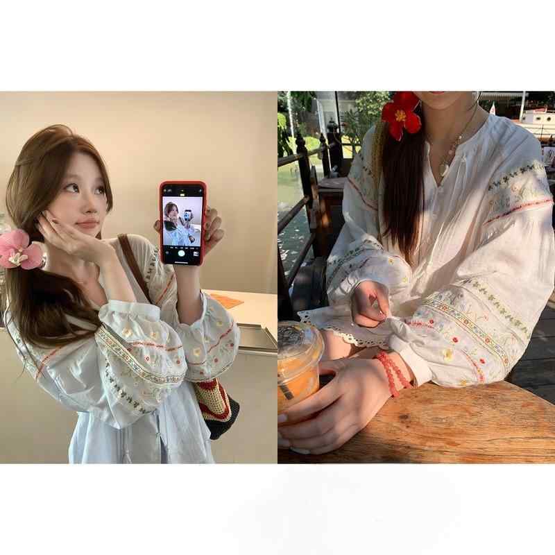 セットアップ レディース 麻混 Aライン スカート ブラウス 花柄 刺繍 ランタンスリーブ コットン混紡 刺しゅう エレガント ブルー系 ホワイト系|Tanzan