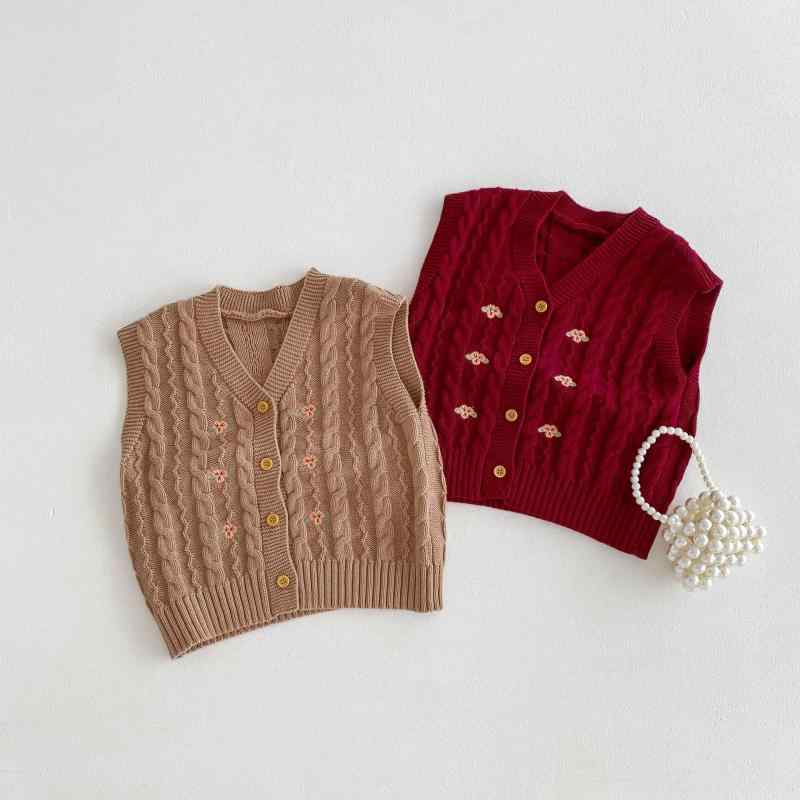 ニット キッズ 女の子 韓国風 カーディガン レトロ ケーブル編み 花柄 刺繍 春秋 ニットベスト セーター Vネック かわいい おしゃれ 普段着 通園 通学 80 90 100 110 120 130cm
