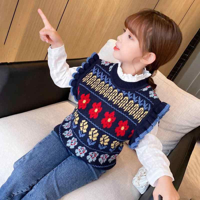 子供服 ニットベスト 女の子 キッズ セーター ベスト 春秋冬 韓国風 チョッキ かわいい 花柄 90cm 100cm 110cm 120cm 130cm ブルー