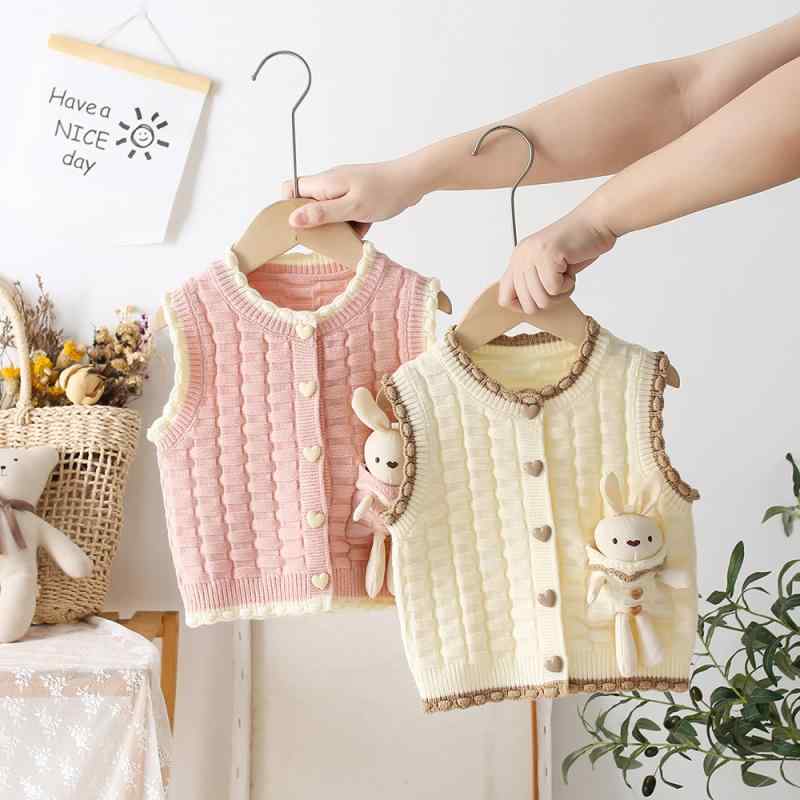 ベビー キッズ ニットベスト 女の子 春秋 かわいい カートゥーン ウサギ ポケット 前開き セーター ベスト チョッキ 80cm 90cm 100cm 110cm 120cm