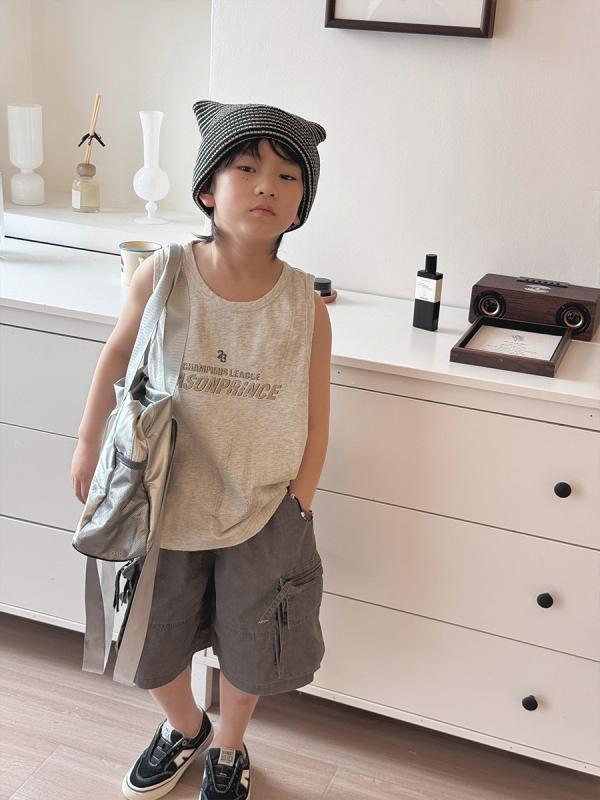 子供用タンクトップ 男の子 グラフィックプリント ダメージ加工 ノースリーブ トップス コットン100% 100 110 120 130 140 150 160cm 韓国風