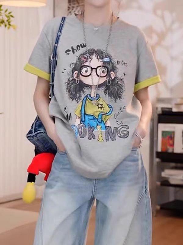 Tシャツ レディース 半袖 ラウンドネック ゆったり アニメ柄 プリント グレー イエロー系 ピンク ブルー系 カジュアル かわいい ポリエステル スパンデックス 春夏