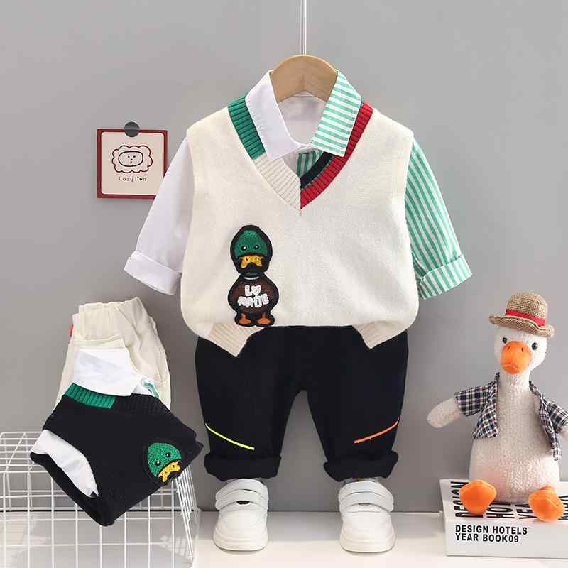 子供用ニットベストとシャツのセットアップ 春秋物 パンツ付き 3点セット 幼児 ベビー服 男の子 ボーイズ 80cm 90cm 100cm 110cm 120cm 綿素材 ストライプ 格子柄