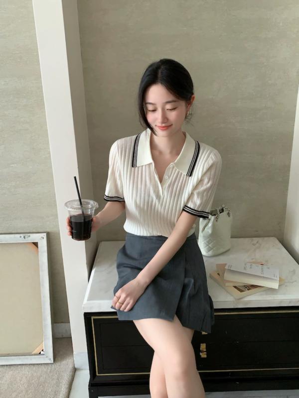 スポーツシャツ レディース 春夏 メリノウール 定番 色彩設計 半開襟 半袖 か細い 着痩せ 編み物 薄っぺら 襟付き添い人 窈窕たる トップス 通い 心地好い トップス-その他