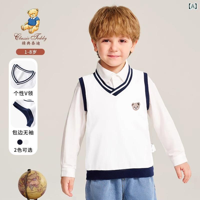 子供服 ニットベスト 男の子 イングリッシュスクールスタイル ベスト 女の子 ニット トップス 春秋 綿100％ コットン チョッキ スクールベスト 紺 白 80 90 100 110 120 130