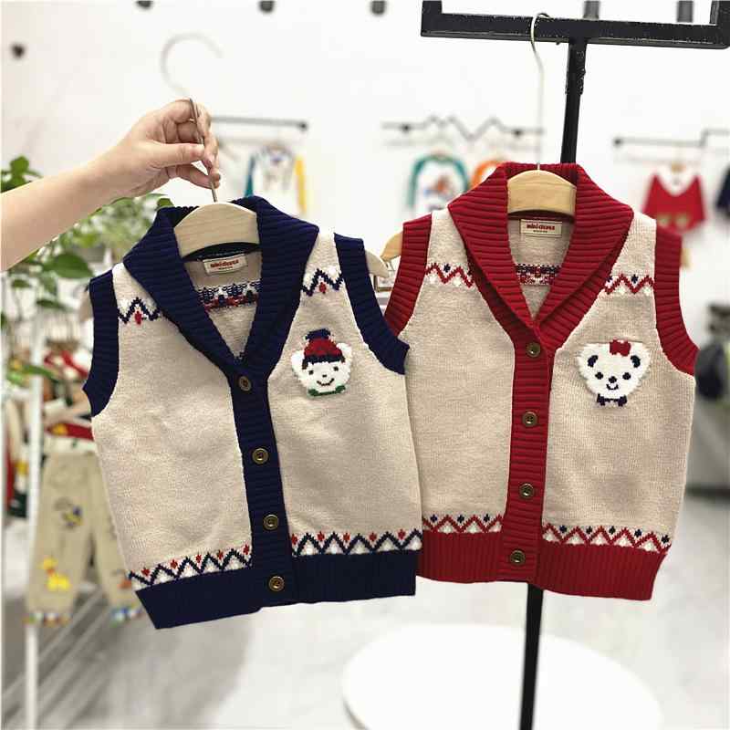 子供服 ニットベスト 男女兼用 小熊柄 あったか ベスト ベビー服 アウター 防寒着 厚手 綿100％ 100 110 120 130 紺色 赤色 冬
