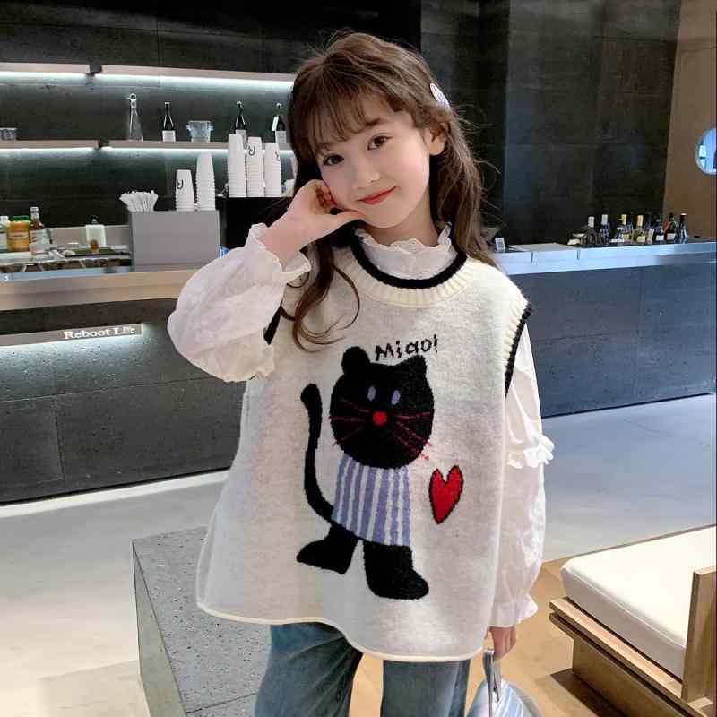 ニットベスト ガールズ 子供服 秋冬 韓国風 ストライプ セーター 中 толстовка ノースリーブ トップス かわいい おしゃれ 普段着 杏色