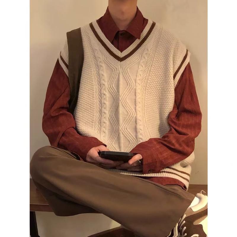 ニットベスト 男性用 Vネック プルオーバー 学院風 レトロ調 ポリエステル 春秋 杏色 ゆったり