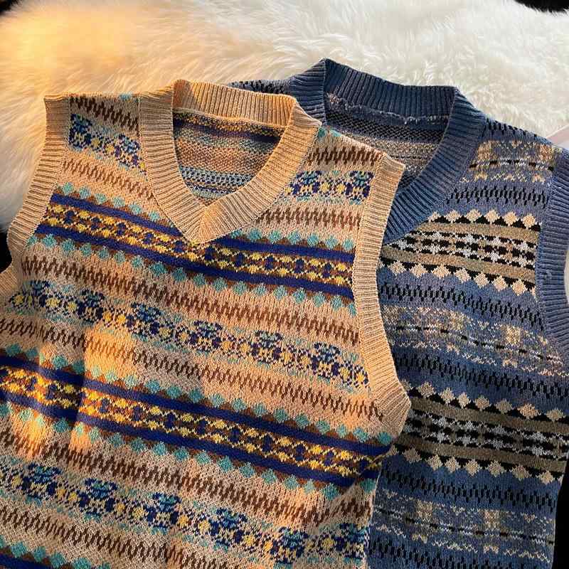ニットベスト メンズ Vネック レトロ 春 カジュアル ゆったり 学生風 ノースリーブ ポリエステル ブルー カーキ M L XL 2XL