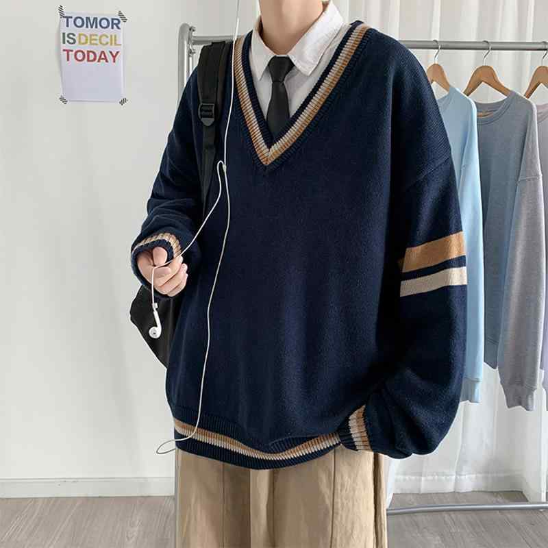 ニット メンズ Vネック 長袖 プルオーバー 配色 秋冬 カジュアル 学院風 ゆったり カーキ 紺色 ポリエステル 4,432円