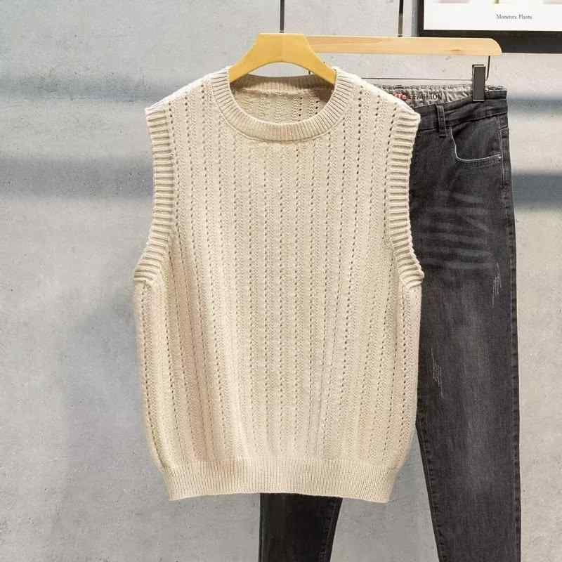 ニット メンズ ニットベスト ラウンドネック ノースリーブ ポリエステル 無地 カーキ色 秋物