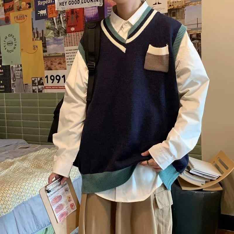 ニット ベスト メンズ ゆったりめ 韓国風 アシンメトリー スクールスタイル 春秋 杏色 ブルー
