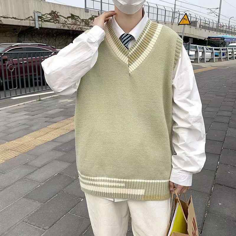 ニットベスト メンズ Vネック 韓国風 学生 ベスト トップス 春秋 ポリエステル 無地 カジュアル 杏色 グリーン グレー ブラック