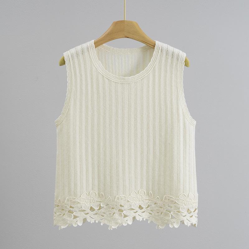 ニットベスト レディース フレンチスタイル 丸首 オーストラリア産ウール100% 手編み 刺繍入り 幾何学模様 裾デザイン ノースリーブ トップス 白 黒|Tanzan