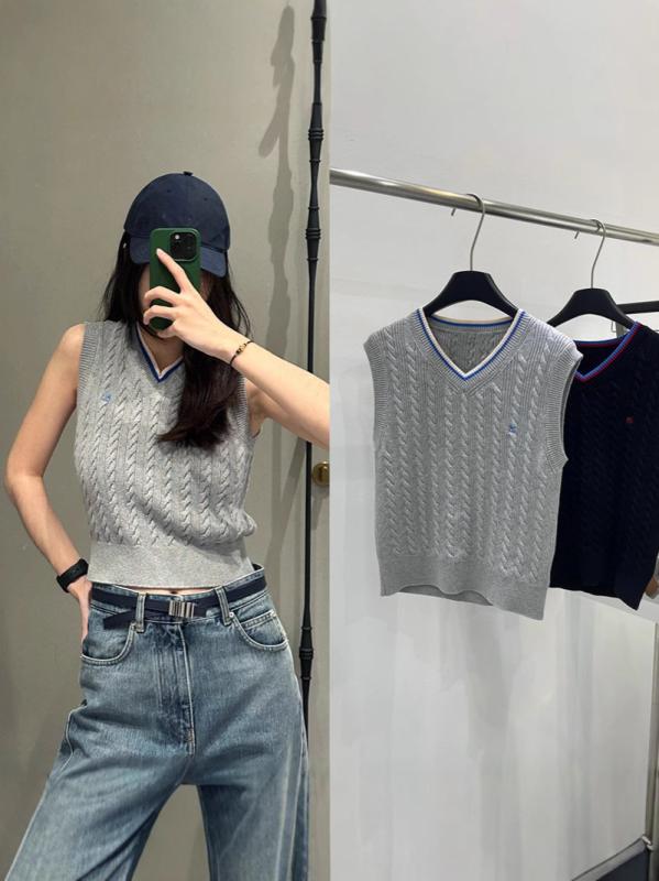 ニットベスト レディース Vネック ウール トップス 春物 学院風 刺繍ロゴ 薄手 浅灰色 黒 修身