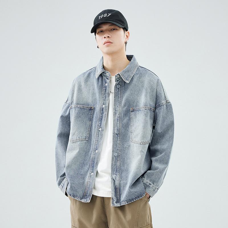 上衣 メンズ ジーンズ 秋物 レトロ 襟付き添い人 ルーズフィット ゆったり 高品質 綿織物 青色 黒いこと 心地よい