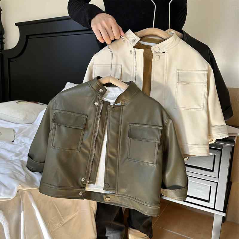 ジャケット キッズ 子供服 男女兼用 春秋 PUレザー ライダースジャケット 韓国風 オリーブ ブラック ブラウン ベージュ 90 100 110 120 130 140