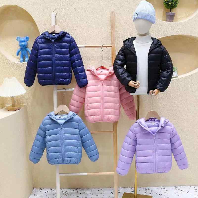 子供用 中綿入りジャケット 薄手タイプ 男の子 女の子 フード付き アウター 秋冬 中綿 コート 140cm 150cm ピンク系 青色 紫色 カーキ色 黒色 紺色 薄灰色