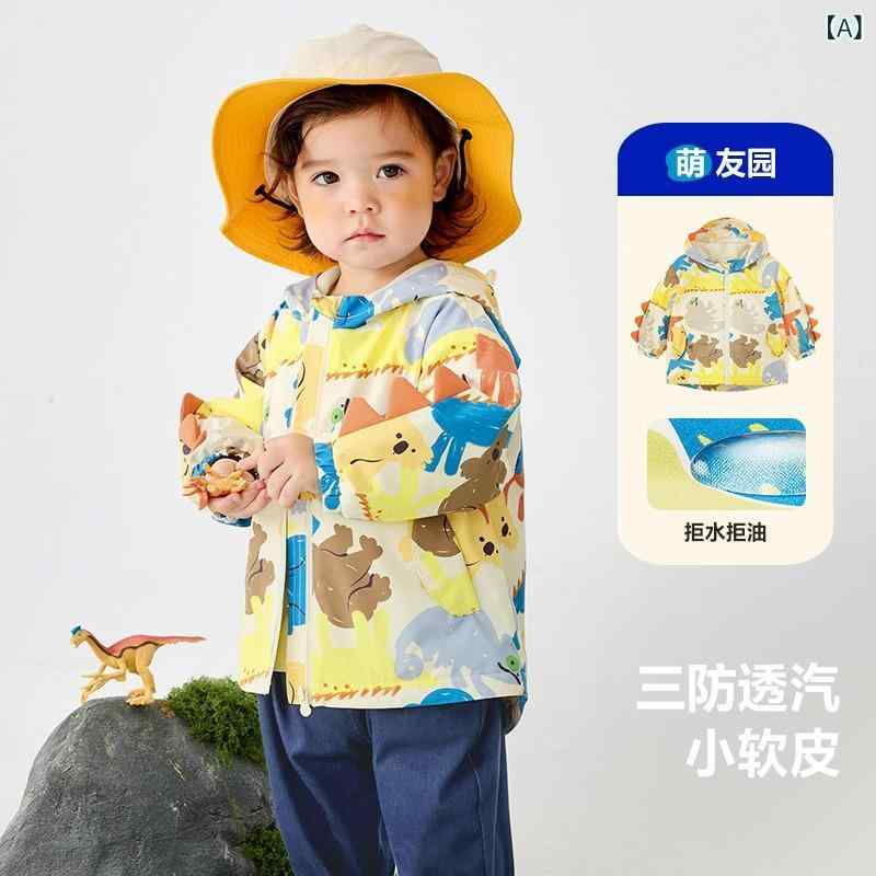 子供服 ジャケット 春秋 男女兼用 アウター 撥水 防風 ジャンパー キッズ ベビー 恐竜柄 総柄 イエロー ピンク系 グリーン レッド ポリエステル Vネック カジュアル スポーティー 80cm 90cm 100cm 110cm 120cm 130cm