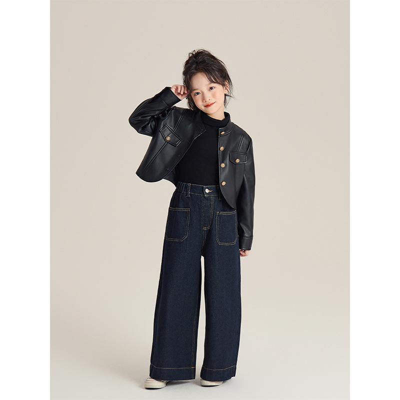 キッズ ジャケット 女の子 アウター 子供服 春秋 PUレザー 黒 ブラック レトロ クラシック かわいい ゆったり ショート丈 トップス 普段着｜Tanzan
