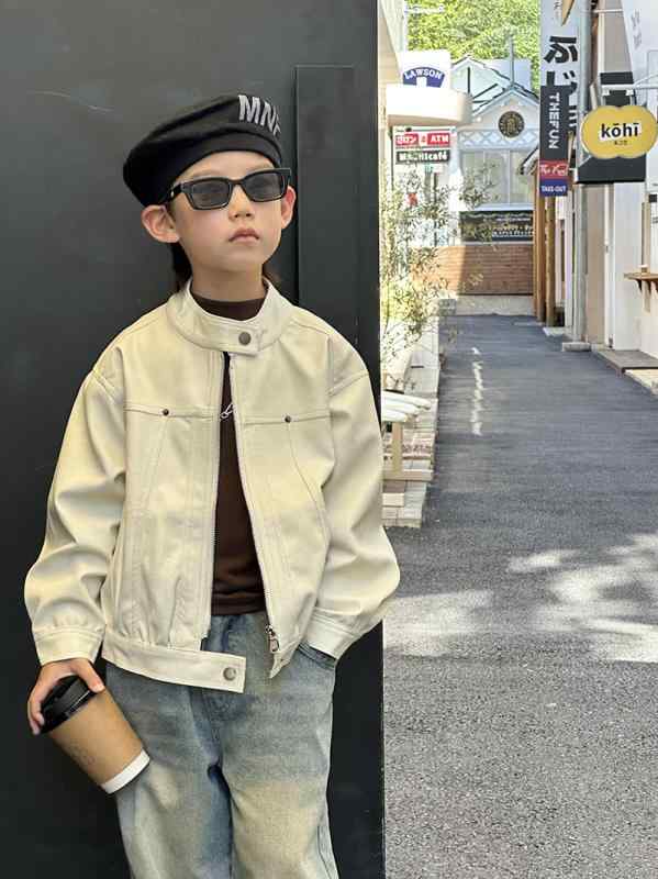 ジャケット キッズ 男女兼用 子供服 PUレザー 秋物 無地 ショート丈 アウター 男の子 女の子 普段着 ミルクホワイト/ブラウン系