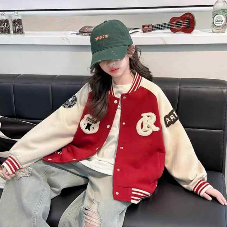 ジャケット ガールズ 子供服 春秋 スポーティ 配色 アウター 長袖 カジュアルスタイル レッド ブラウン ポリエステル
