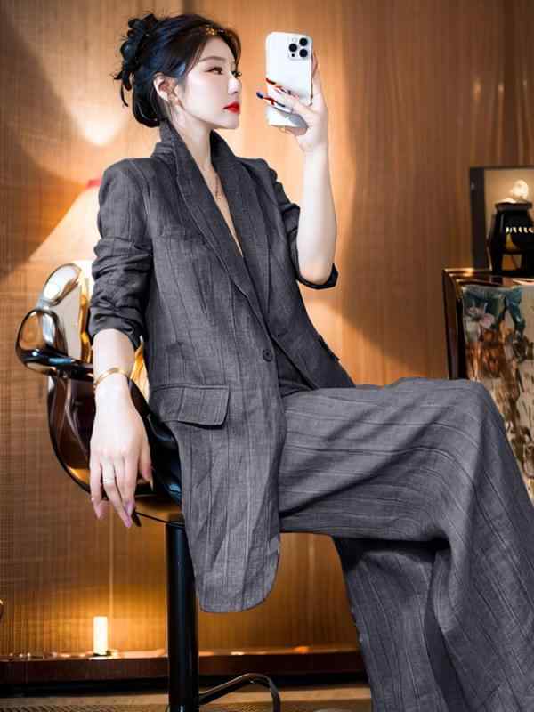 背広 レディース 馬鹿でかい大きさ 春夏 麻混 通気性 テーラードジャケット セットアップ ゆったり 薄墨色
