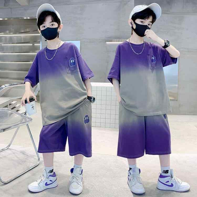 キッズ ボーイズ 子供用 男の子 半袖 短パン ジャージ セットアップ 上下2点セット 運動着 スポーティ カジュアル 普段着 ポリエステル 紫 紺色