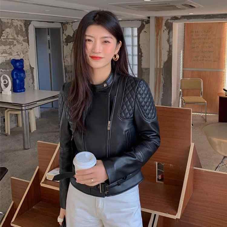 ジャケット レディース バイク ライダース 菱形柄 スリムフィット スタンドカラー フェイクレザー ブラック 黒 長袖 春秋冬 5,729円