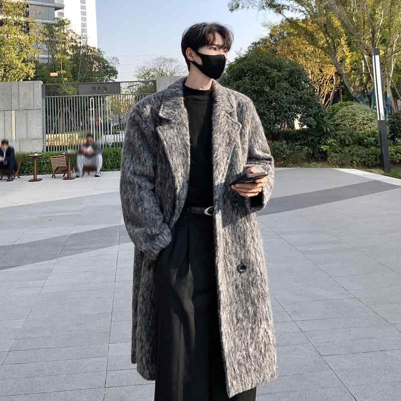 コート メンズ 男性用 ウールブレンド 秋冬 厚手 韓国風 ゆったり 襟付き 無地 ダークグレー 多ポケット|Tanzan
