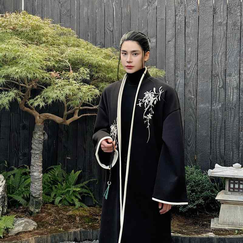 コート 男性用 和風 レトロ 刺・墸入り 配色 切り替え 立襟 毛織物 ゆったり 厚手 防寒 中国風 ポリエステル ブラック 冬