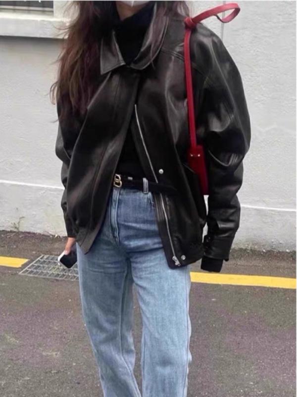 レザージャケット レディース 春物 アウター 婦人服 長袖 襟付き フェイクレザー ブラック 通勤 ゆったり｜Tanzan