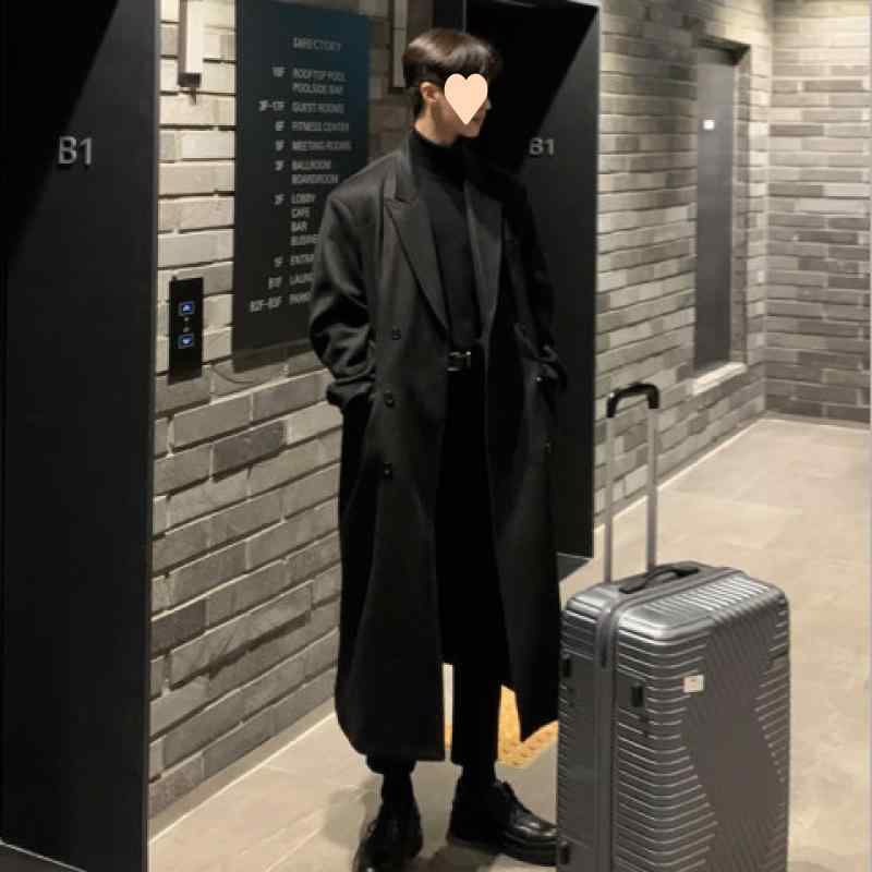 厚地の外套 メンズ 成人男性用 厚地の外套大きさ ダブル前胸部 秋冬 朦々たる 羊毛 ポリエステル混紡 ゆったり 通い 無地 ロング丈 黒いこと系