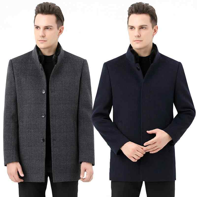 コート メンズ 男性用 ウール ダブルフェイス カシミヤ 厚手 ミンクファー 襟 アウター 暖かい ビジネス カジュアル 冬 グレー ブルー