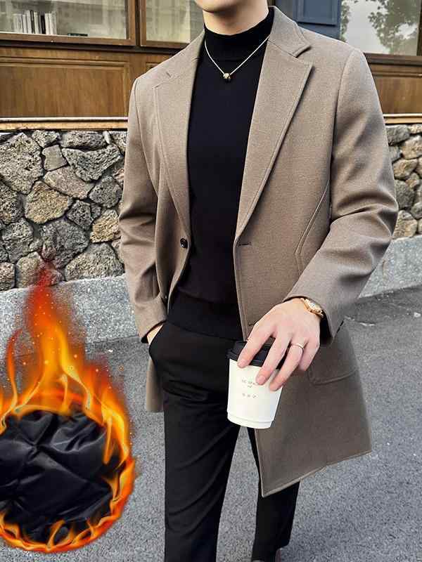 コート メンズ ウールブレンド 厚手 裏地コットン カジュアル アウター シングルブレスト 無地 韓国風 ミドル丈 青年 秋冬 ダークグレー ブラック コーヒー色