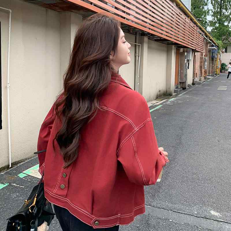 ジャケット レディース デニム ショート丈 ゆったり 春秋 韓国風 レッド トップス アウター カジュアル かわいい｜Tanzan